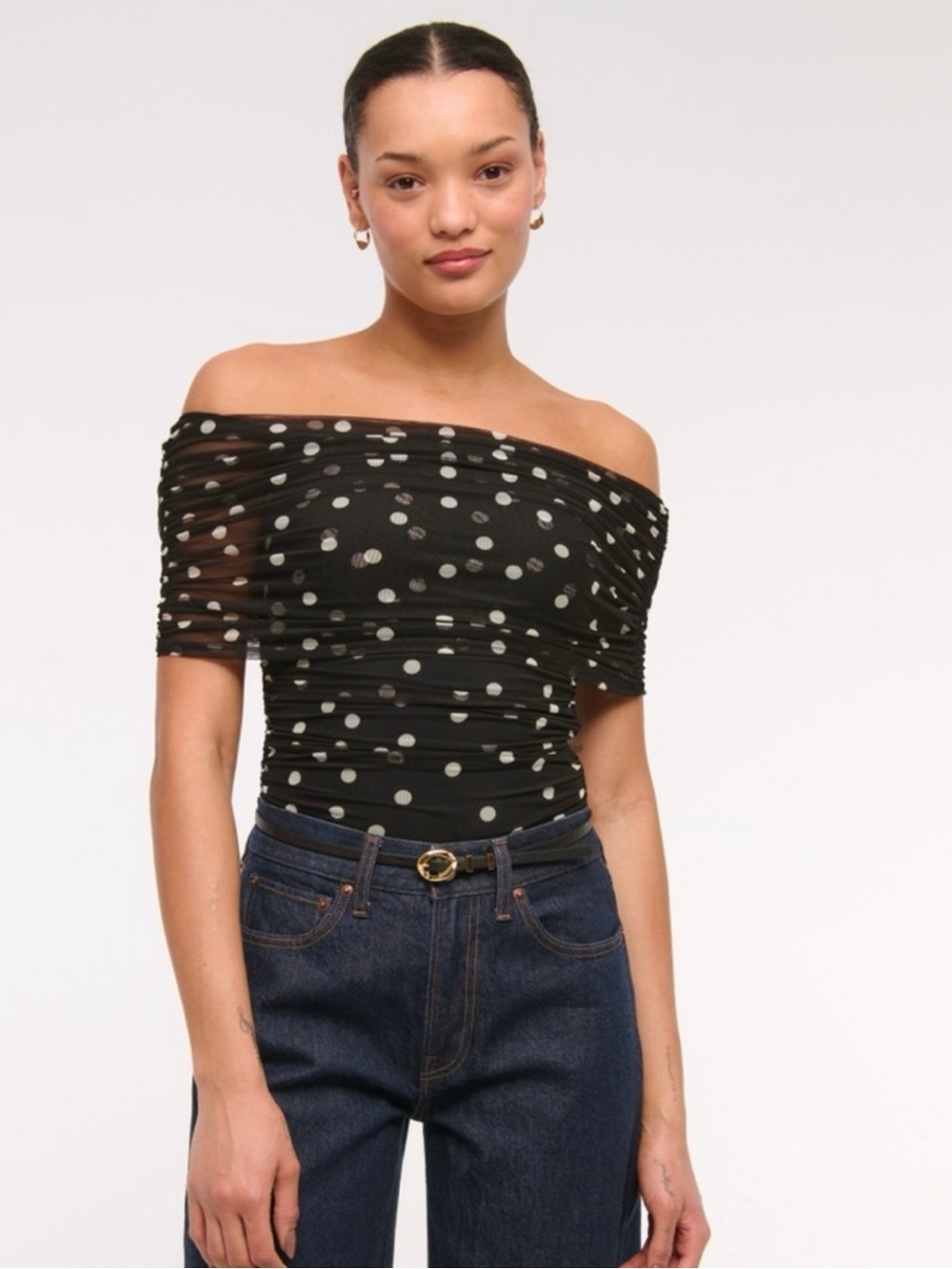 Abercrombie Off-Shoulder Black Polka Dot Ruched Top